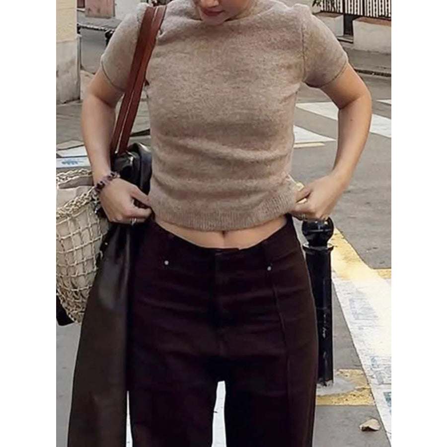 Mock Neck Short Sleeve Knit Sweater Apparel and Accessories