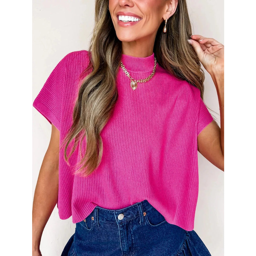Mock Neck Short Sleeve Sweater Apparel and Accessories