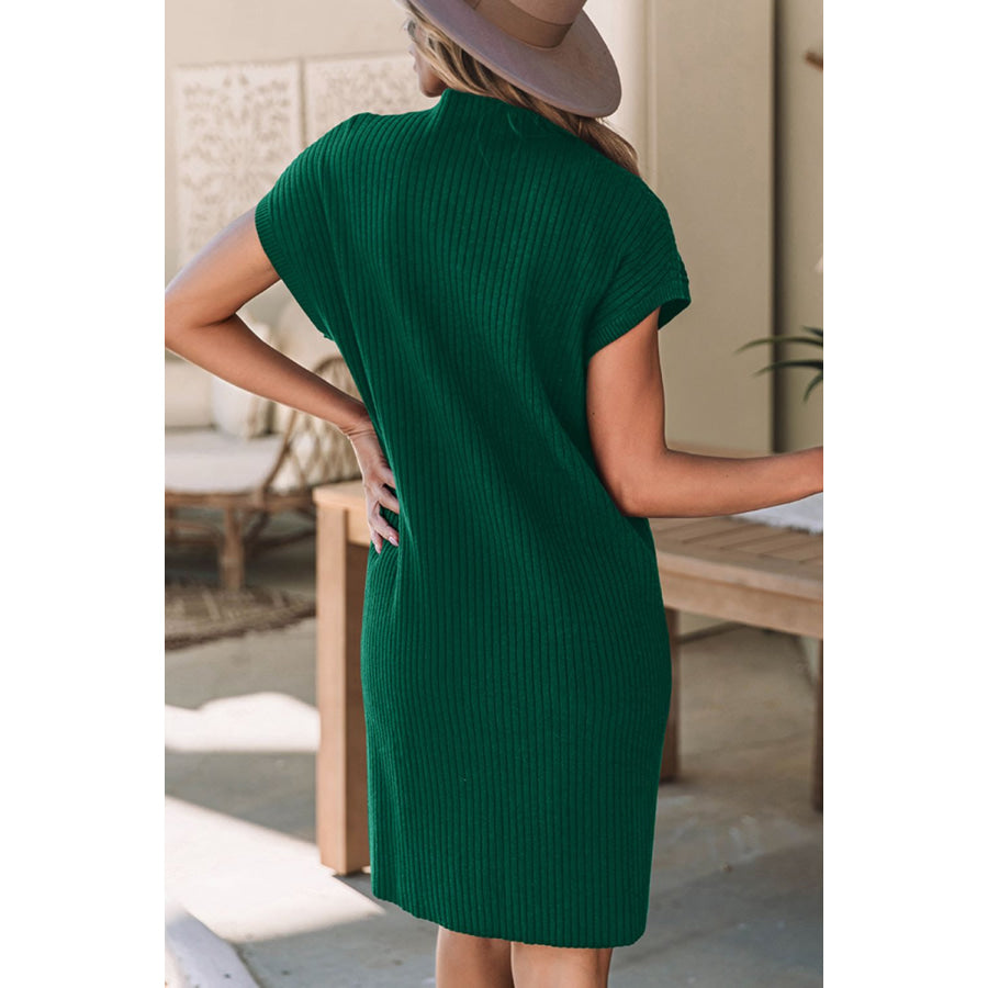 Mock Neck Short Sleeve Sweater Dress Dark Green / S Apparel and Accessories