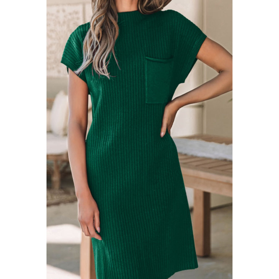 Mock Neck Short Sleeve Sweater Dress Dark Green / S Apparel and Accessories