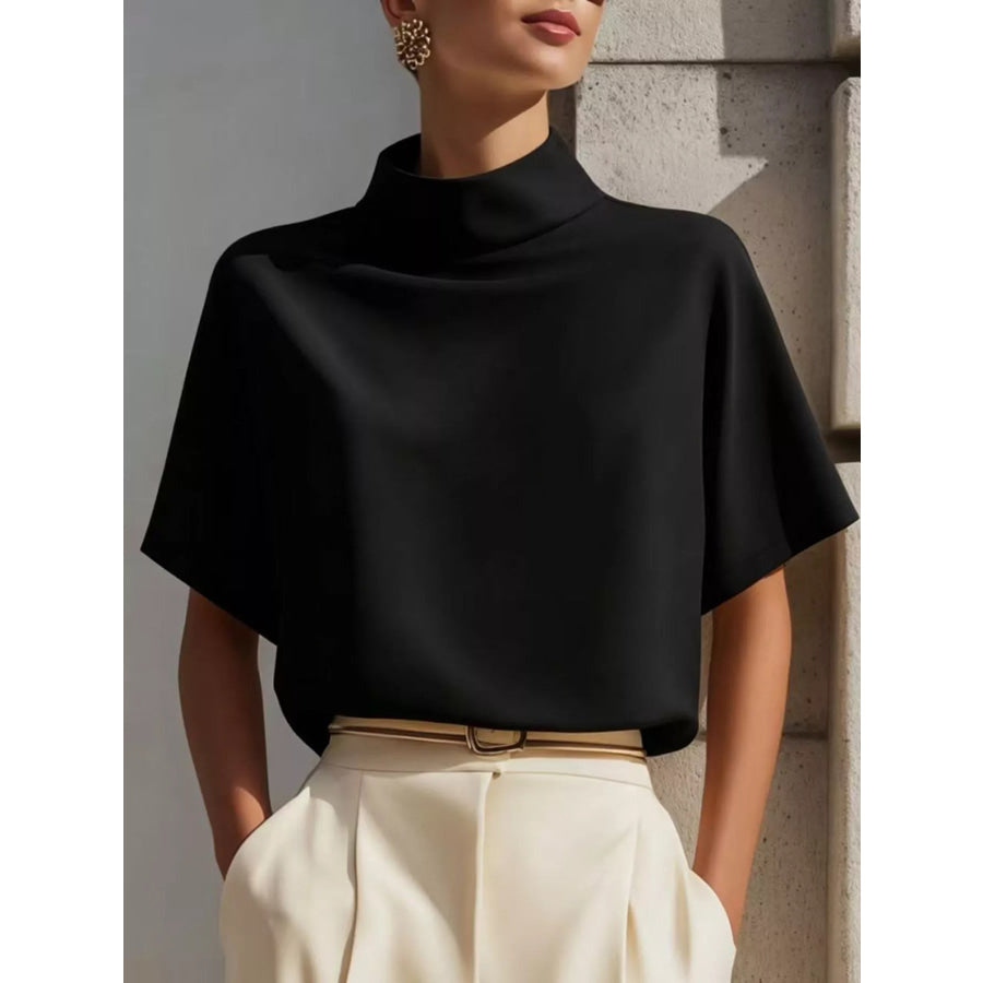 Mock Neck Short Sleeve T-Shirt Black / S Apparel and Accessories