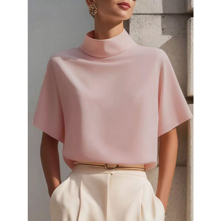 Mock Neck Short Sleeve T-Shirt Blush Pink / S Apparel and Accessories