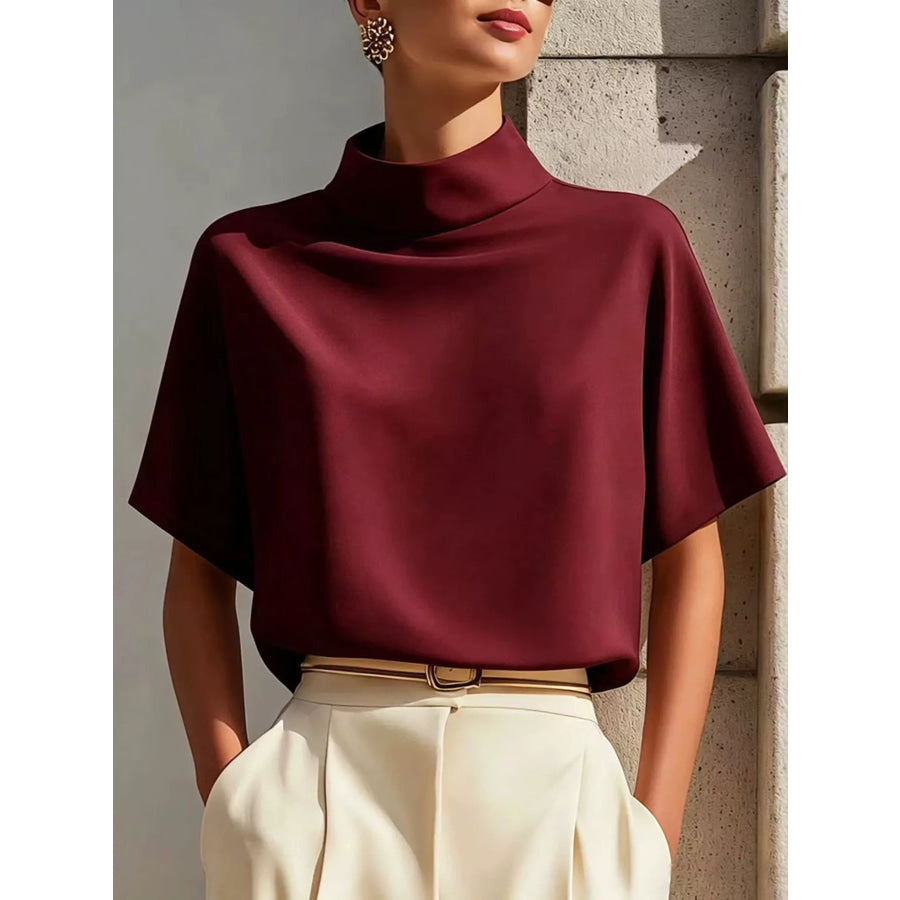 Mock Neck Short Sleeve T-Shirt Burgundy / S Apparel and Accessories