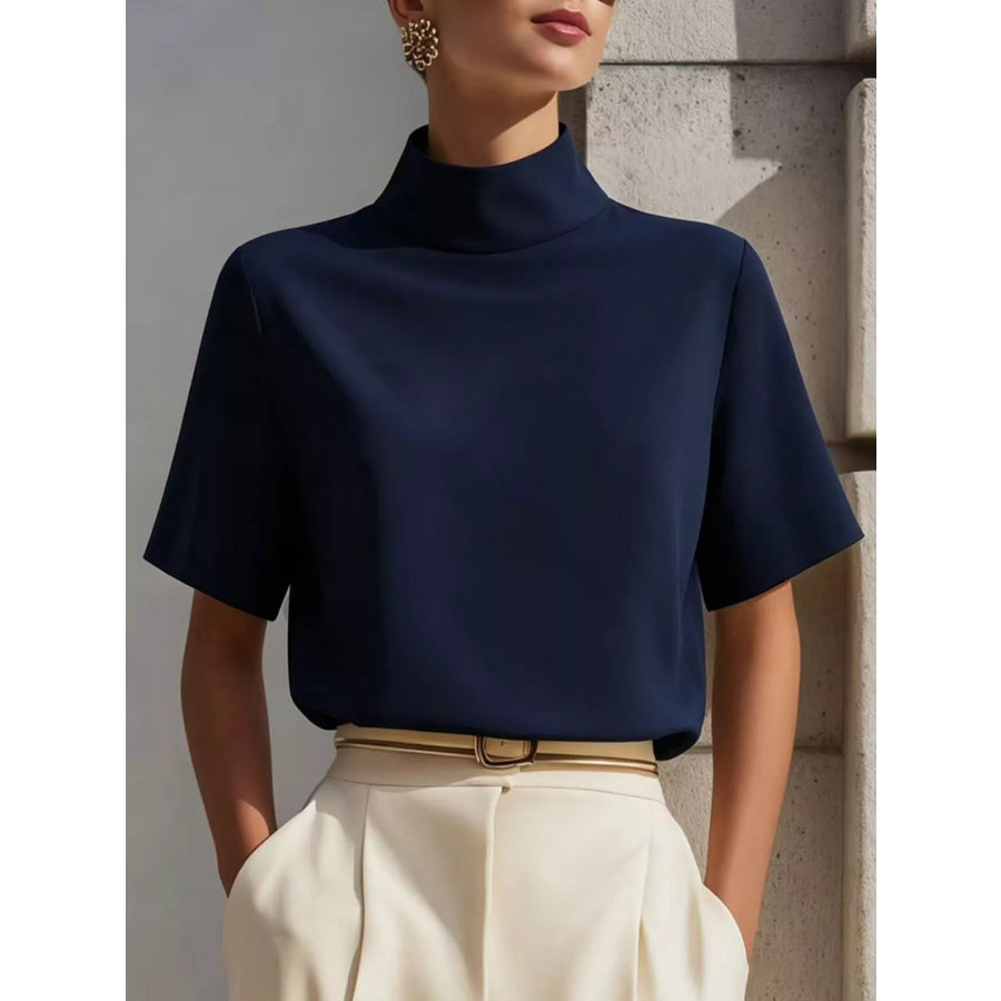 Mock Neck Short Sleeve T-Shirt Navy / S Apparel and Accessories