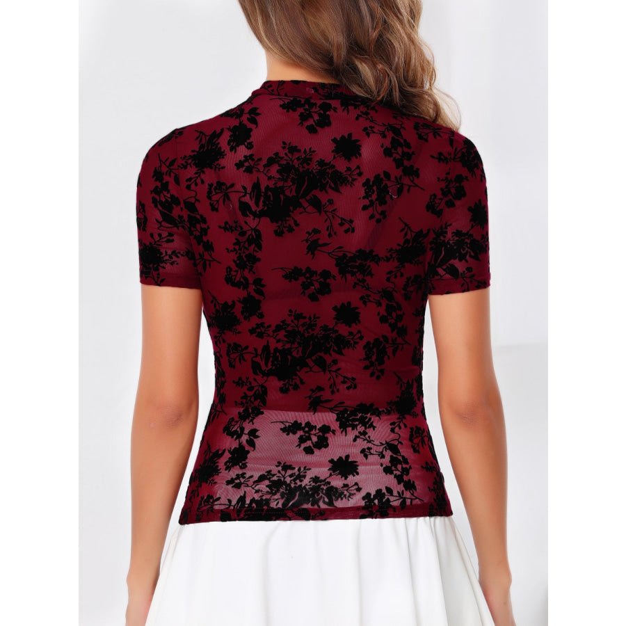 Mock Neck Short Sleeve Top Burgundy / XS Apparel and Accessories