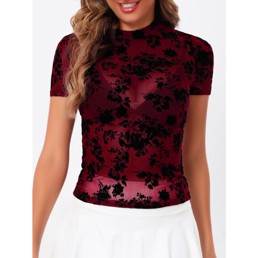 Mock Neck Short Sleeve Top Burgundy / XS Apparel and Accessories