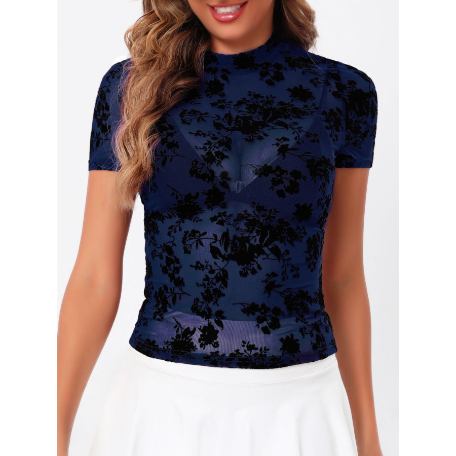 Mock Neck Short Sleeve Top Navy / XS Apparel and Accessories