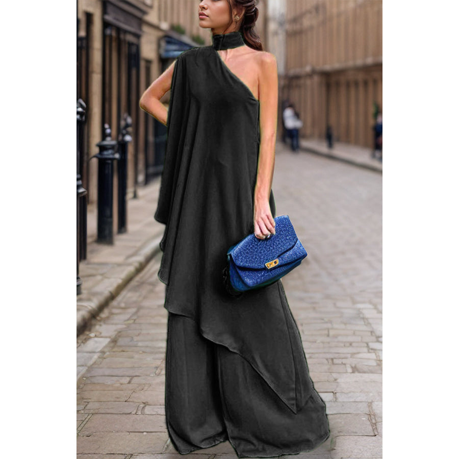 Mock Neck Single Shoulder Top and Pants Set Black / S Apparel Accessories