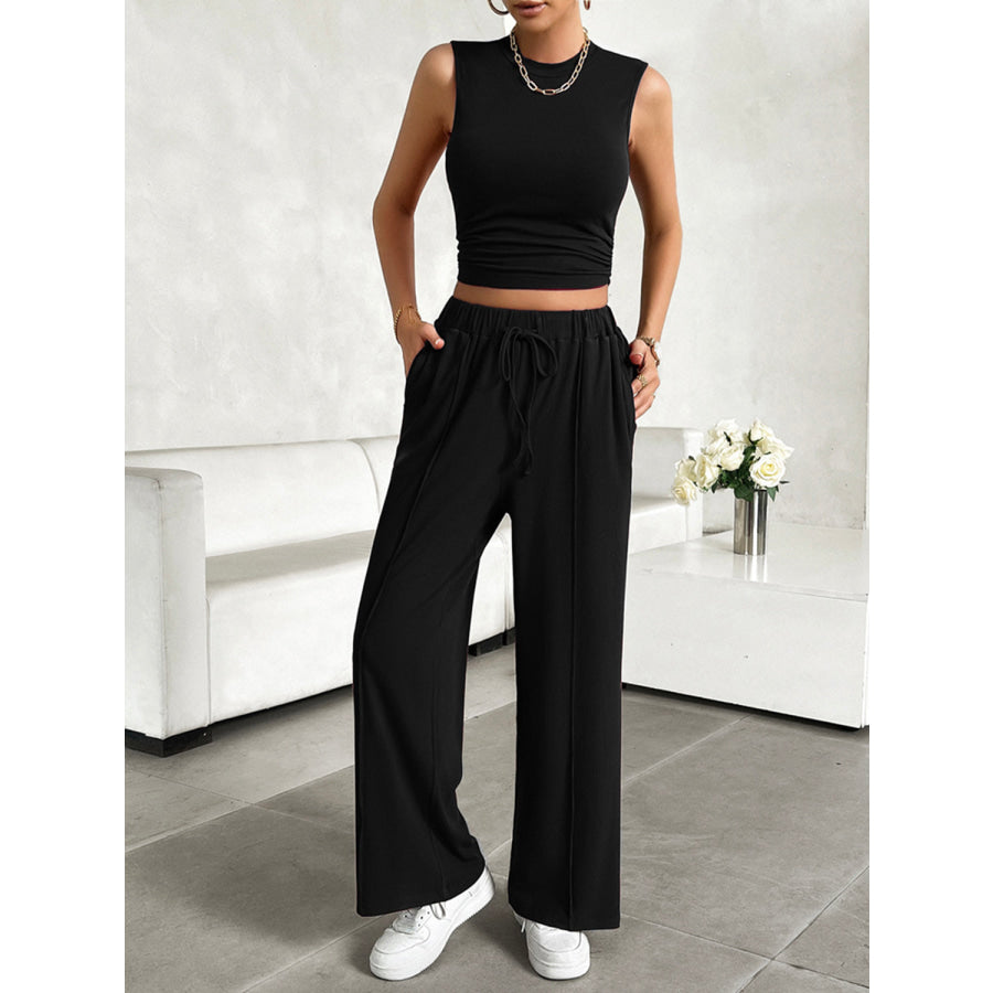 Mock Neck Sleeveless Top and Drawstring Pants Set Apparel and Accessories