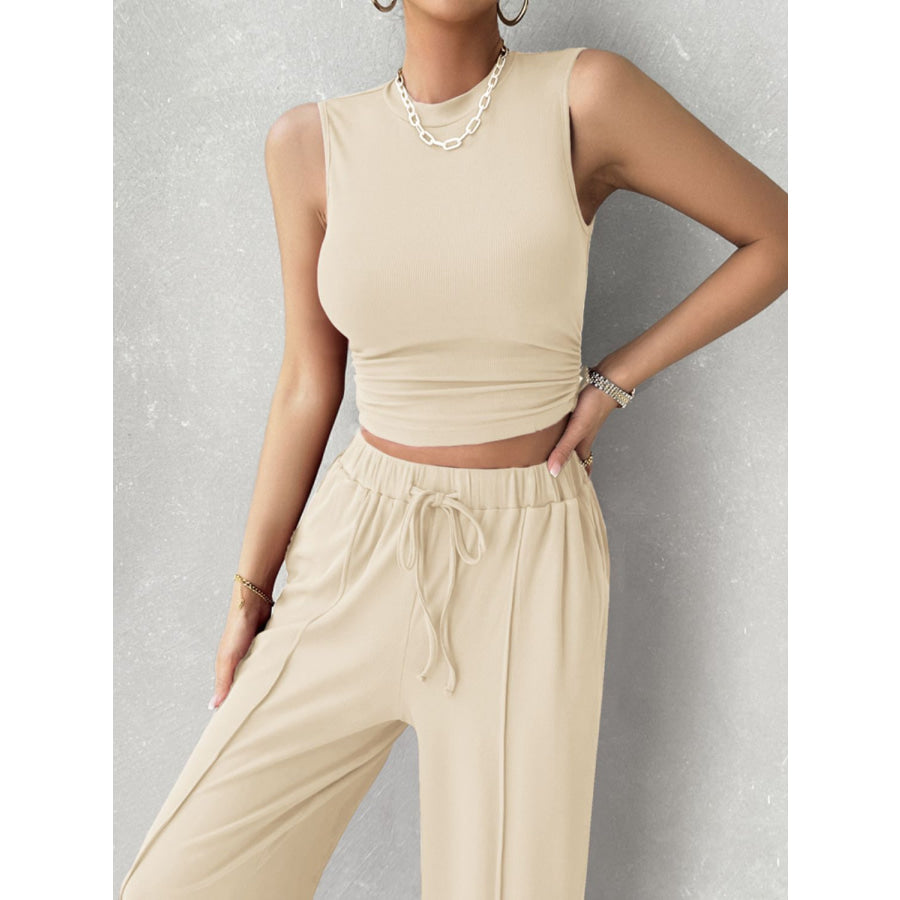 Mock Neck Sleeveless Top and Drawstring Pants Set Apparel and Accessories