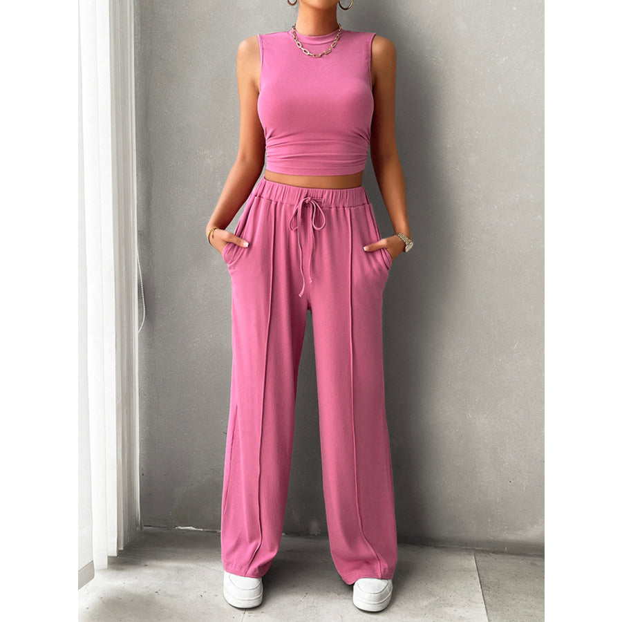 Mock Neck Sleeveless Top and Drawstring Pants Set Apparel and Accessories