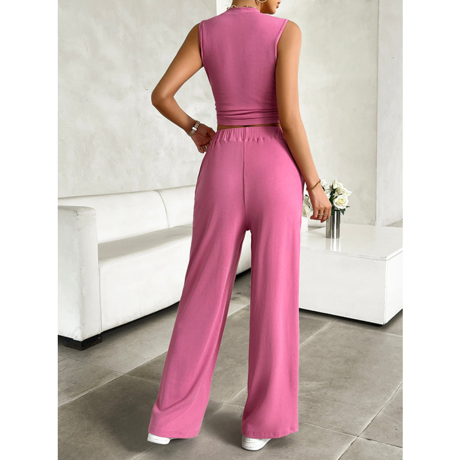 Mock Neck Sleeveless Top and Drawstring Pants Set Cerise / S Apparel and Accessories