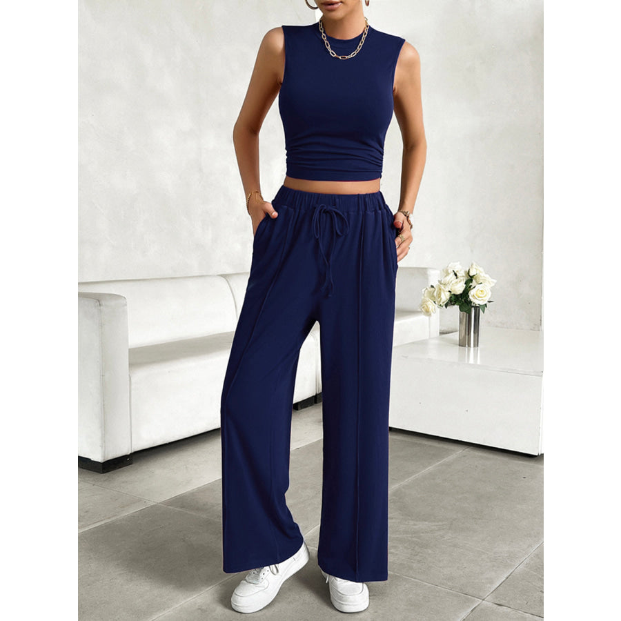 Mock Neck Sleeveless Top and Drawstring Pants Set Apparel and Accessories