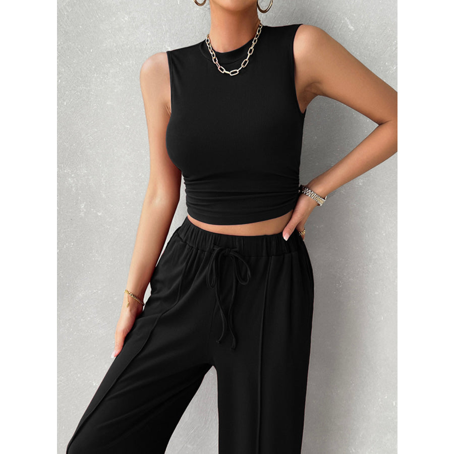 Mock Neck Sleeveless Top and Drawstring Pants Set Apparel and Accessories