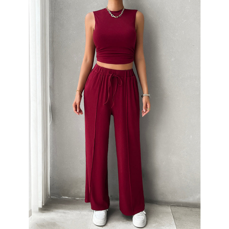 Mock Neck Sleeveless Top and Drawstring Pants Set Apparel and Accessories