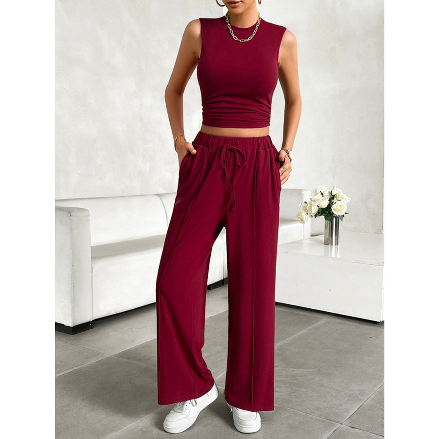 Mock Neck Sleeveless Top and Drawstring Pants Set Apparel and Accessories