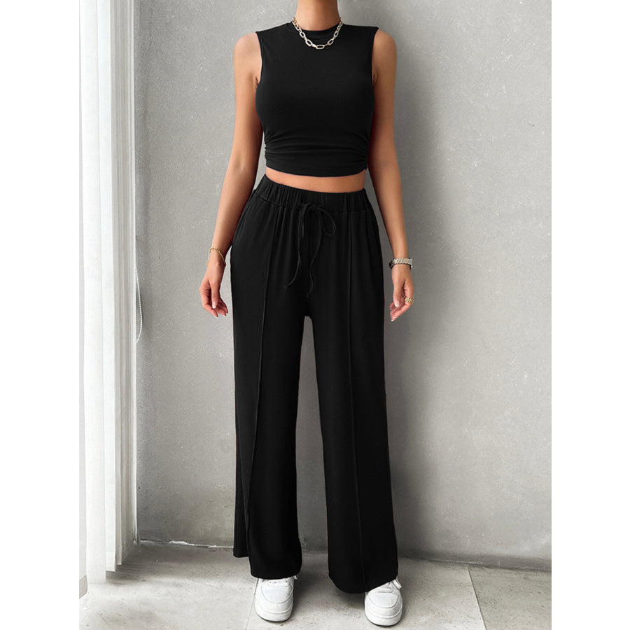 Mock Neck Sleeveless Top and Drawstring Pants Set Black / S Apparel and Accessories