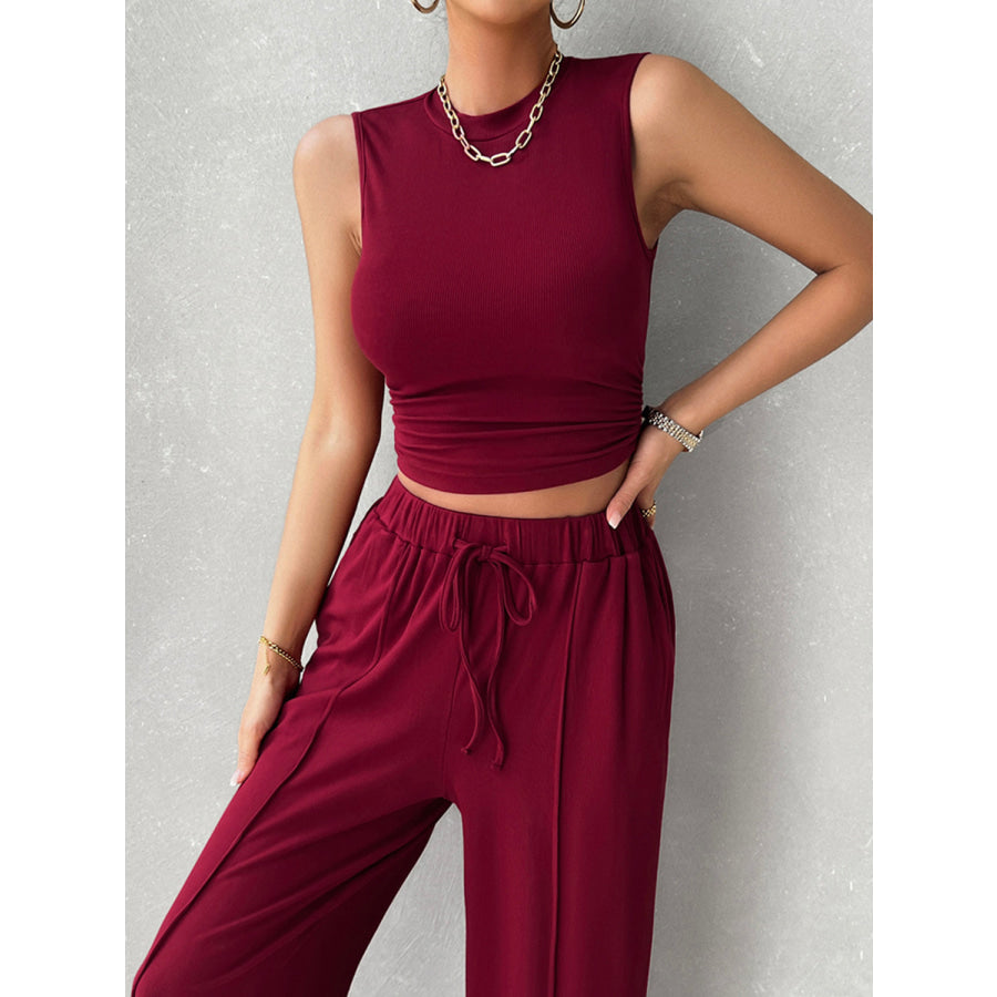 Mock Neck Sleeveless Top and Drawstring Pants Set Burgundy / S Apparel and Accessories
