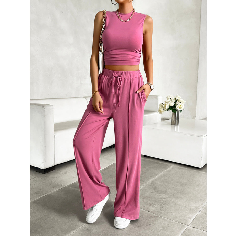 Mock Neck Sleeveless Top and Drawstring Pants Set Cerise / S Apparel and Accessories