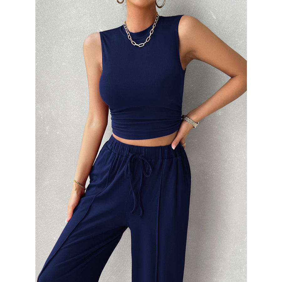 Mock Neck Sleeveless Top and Drawstring Pants Set Dark Blue / S Apparel and Accessories