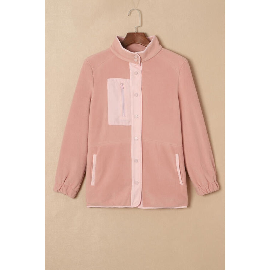 Mock Neck Snap Button Jacket with Pocket Coral / S