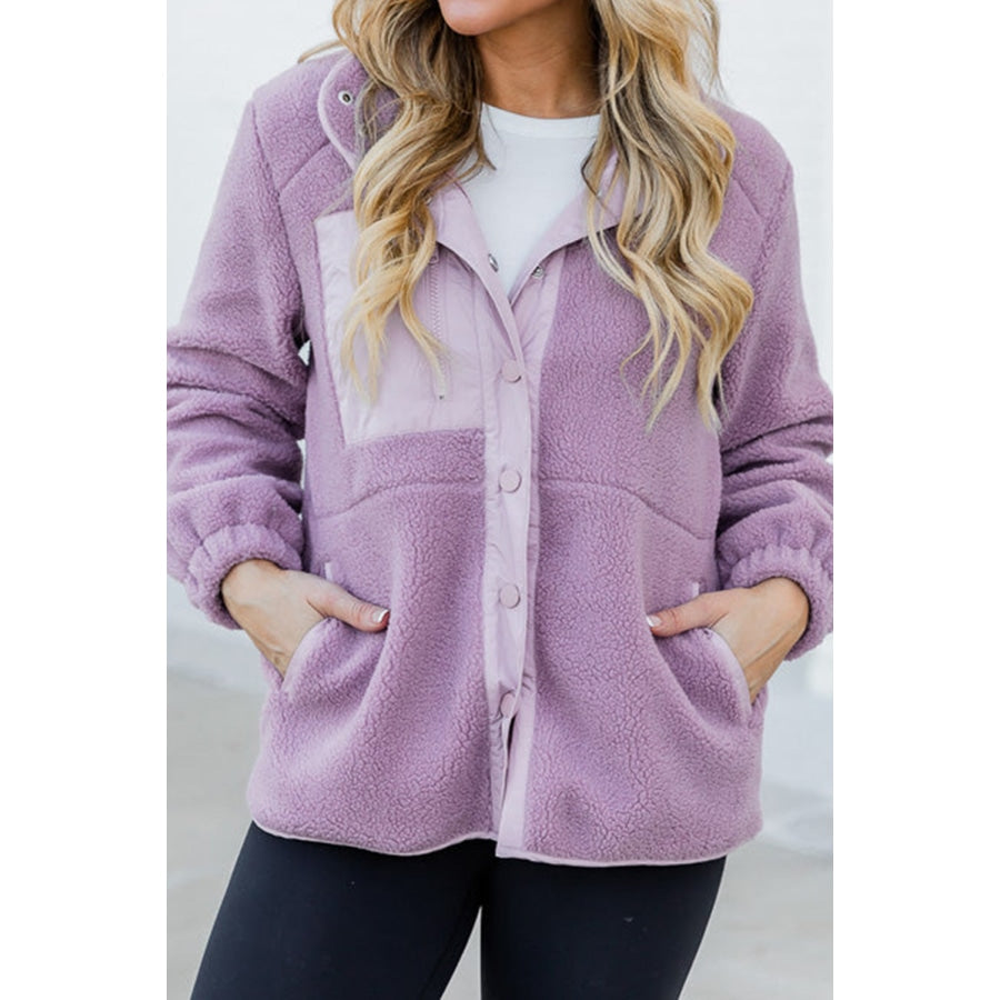 Mock Neck Snap Button Jacket with Pocket Lavender / S