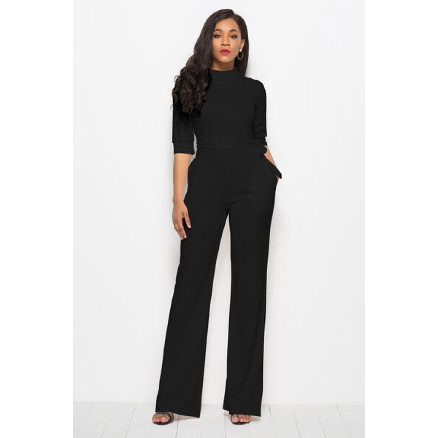 Mock Neck Tie-Waist Half Sleeve Jumpsuit Black / S Clothing