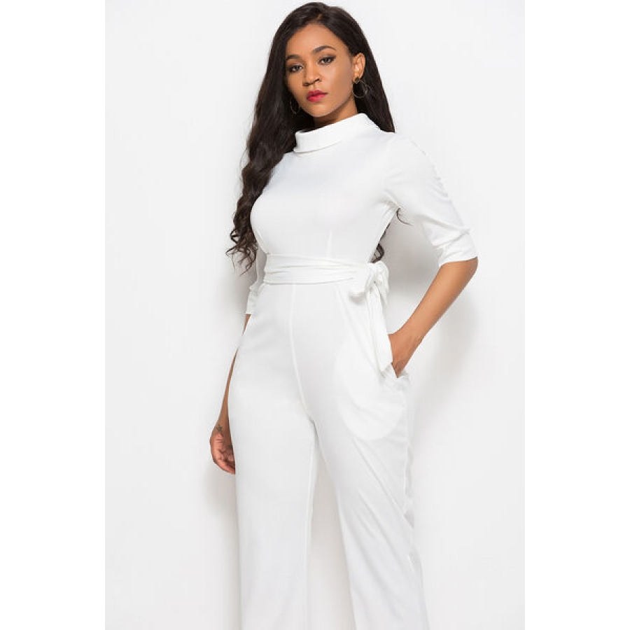 Mock Neck Tie-Waist Half Sleeve Jumpsuit Clothing