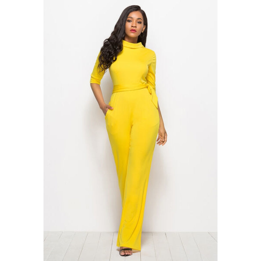 Mock Neck Tie-Waist Half Sleeve Jumpsuit Clothing