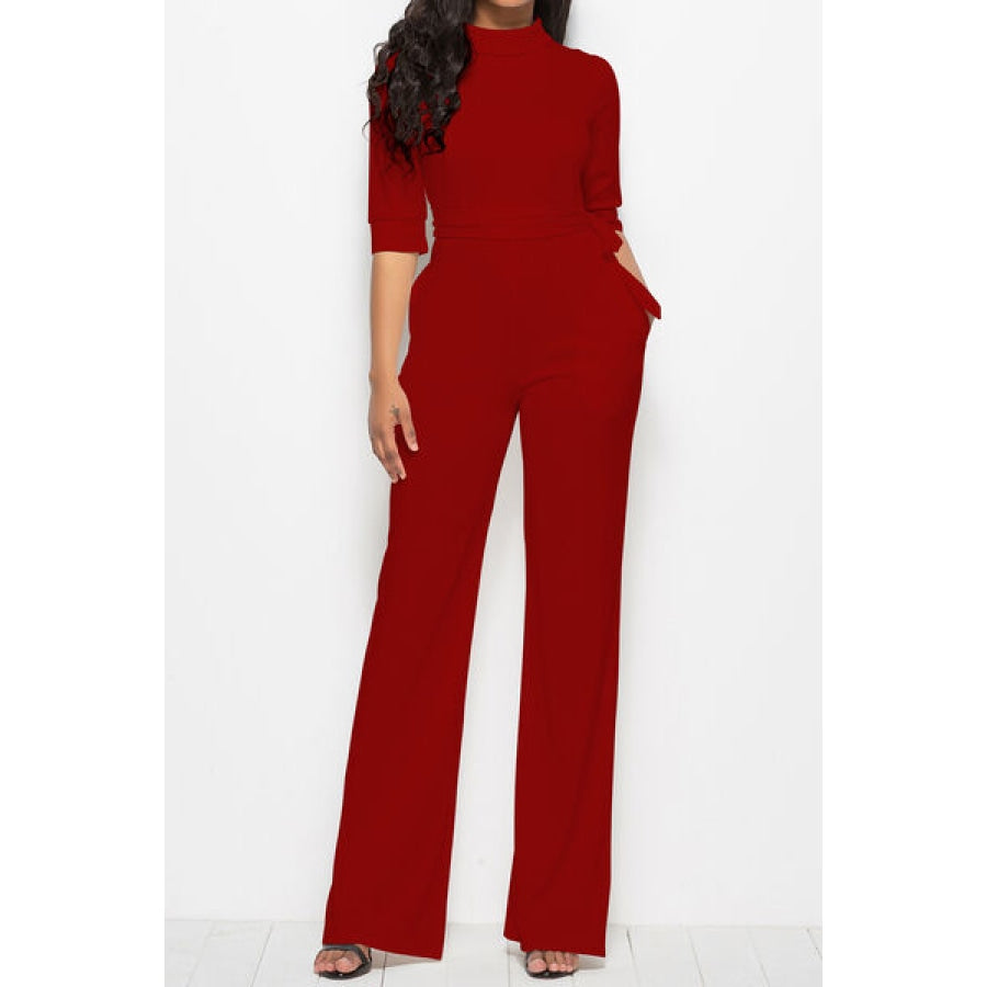 Mock Neck Tie-Waist Half Sleeve Jumpsuit Clothing