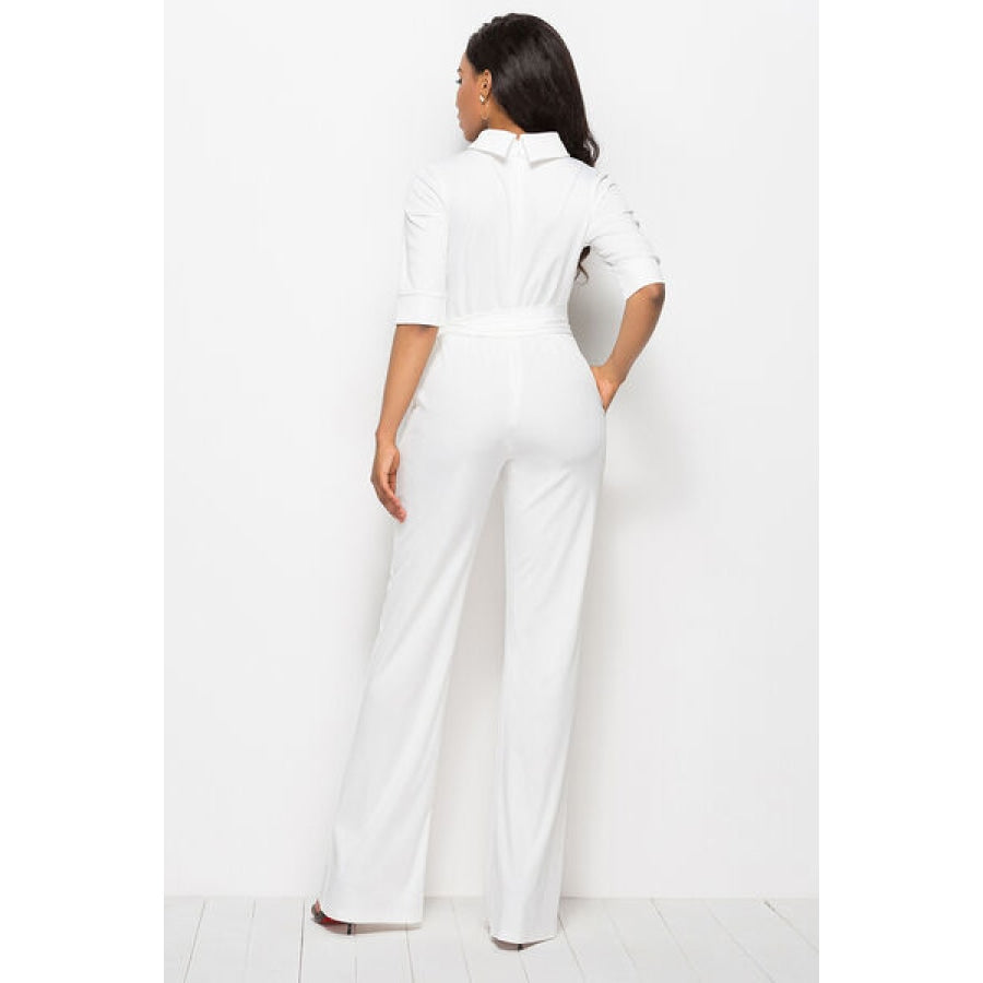 Mock Neck Tie-Waist Half Sleeve Jumpsuit Clothing