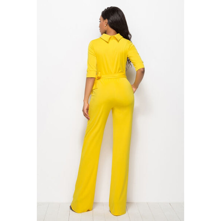 Mock Neck Tie-Waist Half Sleeve Jumpsuit Clothing