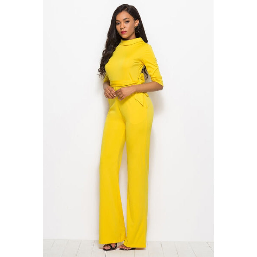 Mock Neck Tie-Waist Half Sleeve Jumpsuit Clothing