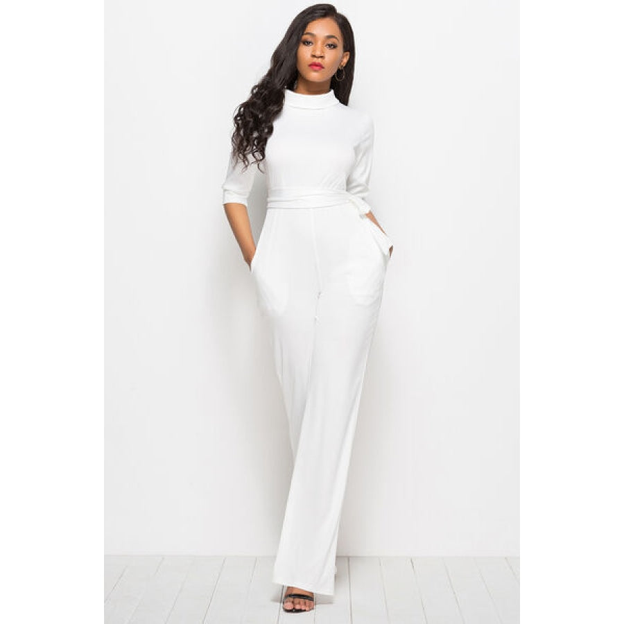 Mock Neck Tie-Waist Half Sleeve Jumpsuit Clothing