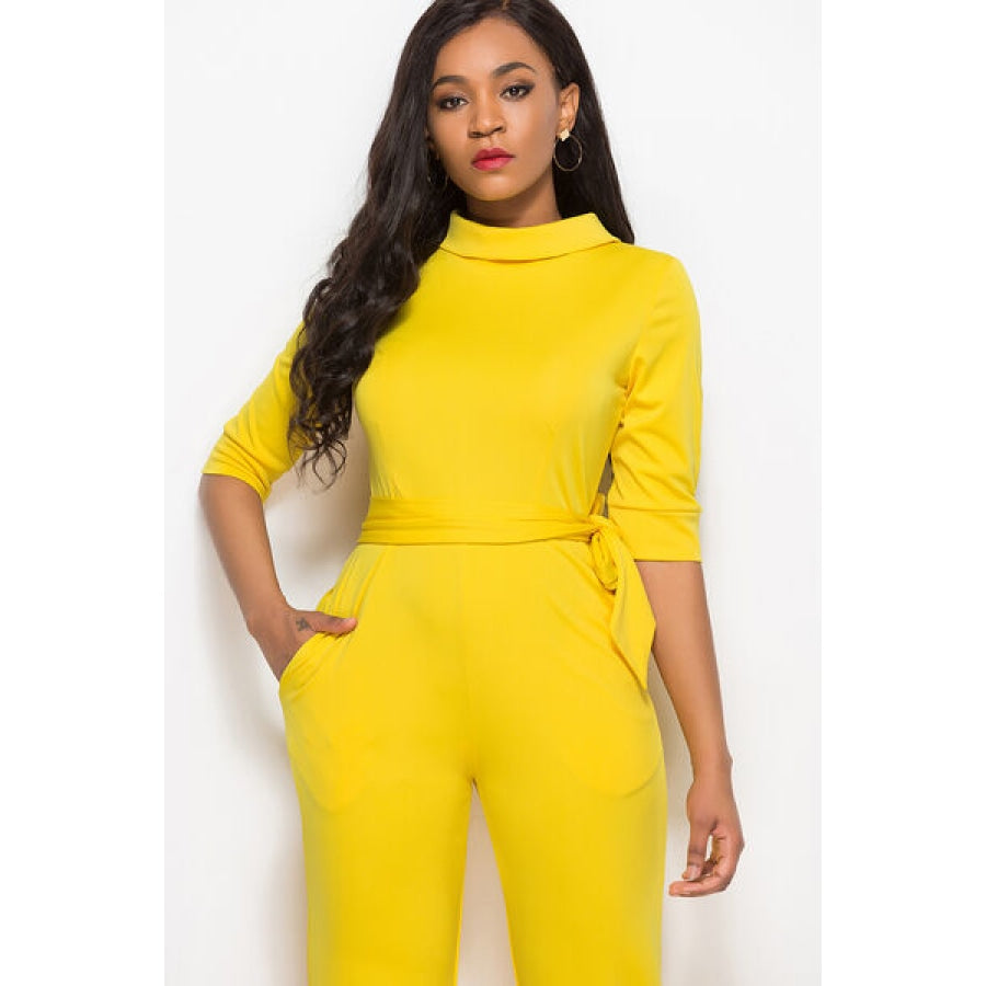 Mock Neck Tie-Waist Half Sleeve Jumpsuit Clothing