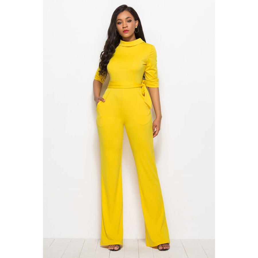 Mock Neck Tie-Waist Half Sleeve Jumpsuit Clothing