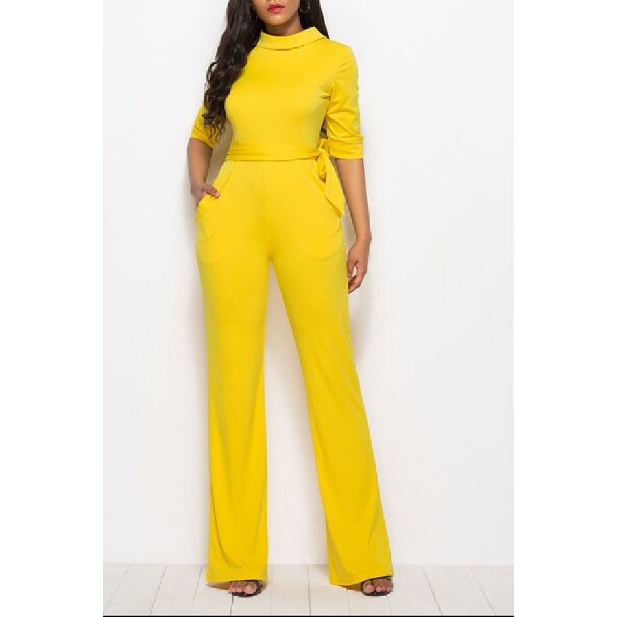 Mock Neck Tie-Waist Half Sleeve Jumpsuit Clothing