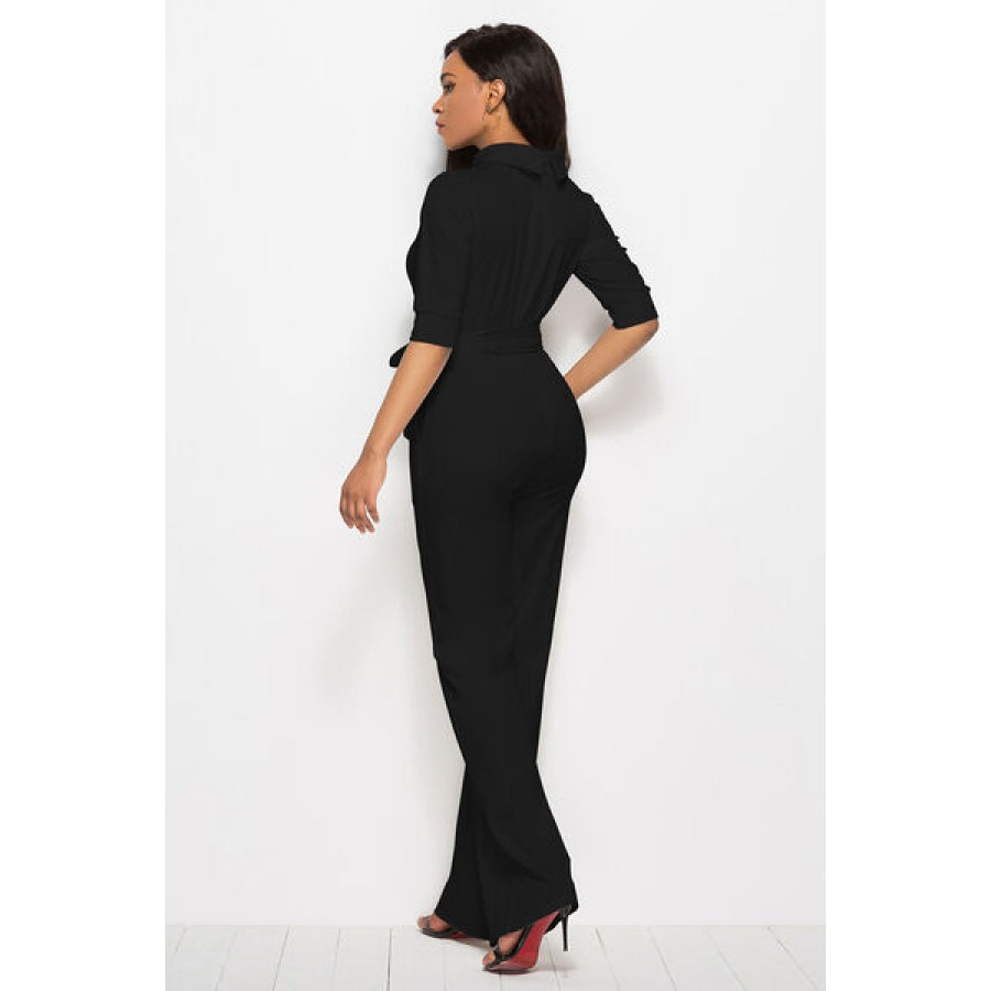 Mock Neck Tie-Waist Half Sleeve Jumpsuit Clothing