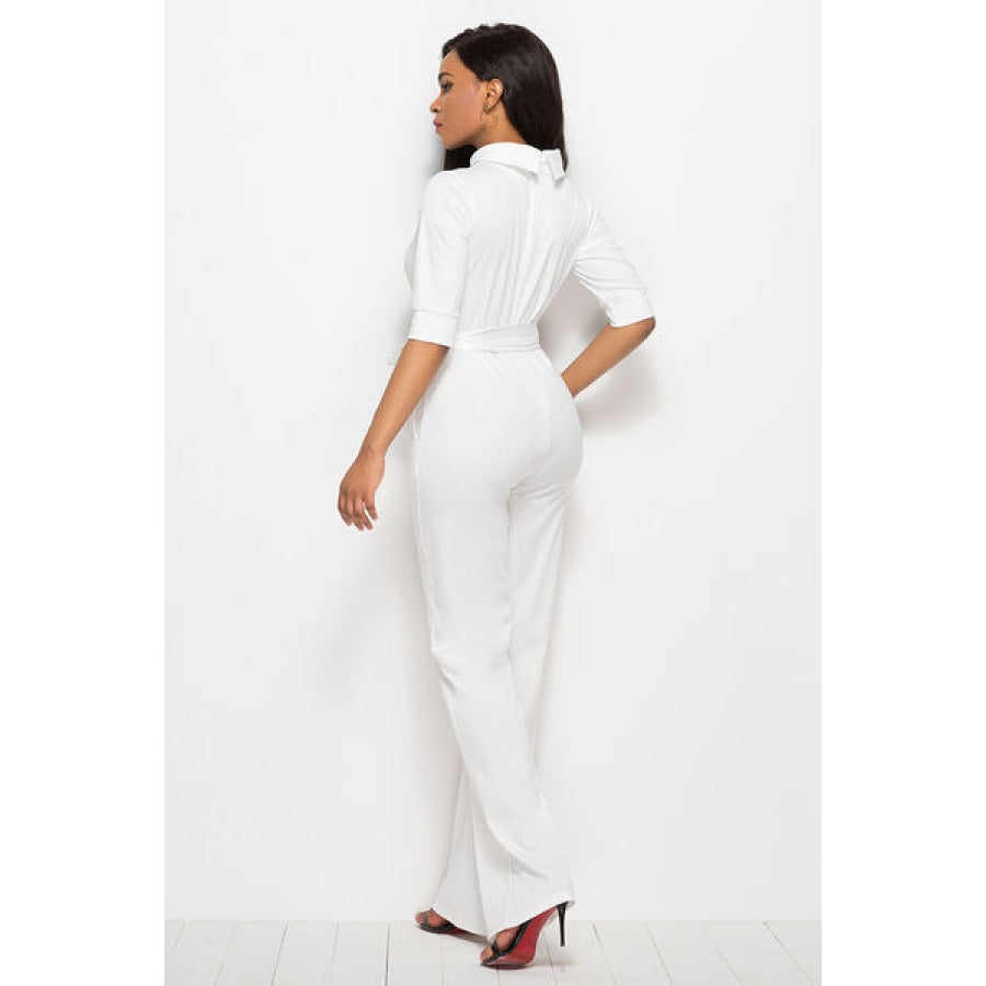 Mock Neck Tie-Waist Half Sleeve Jumpsuit Clothing