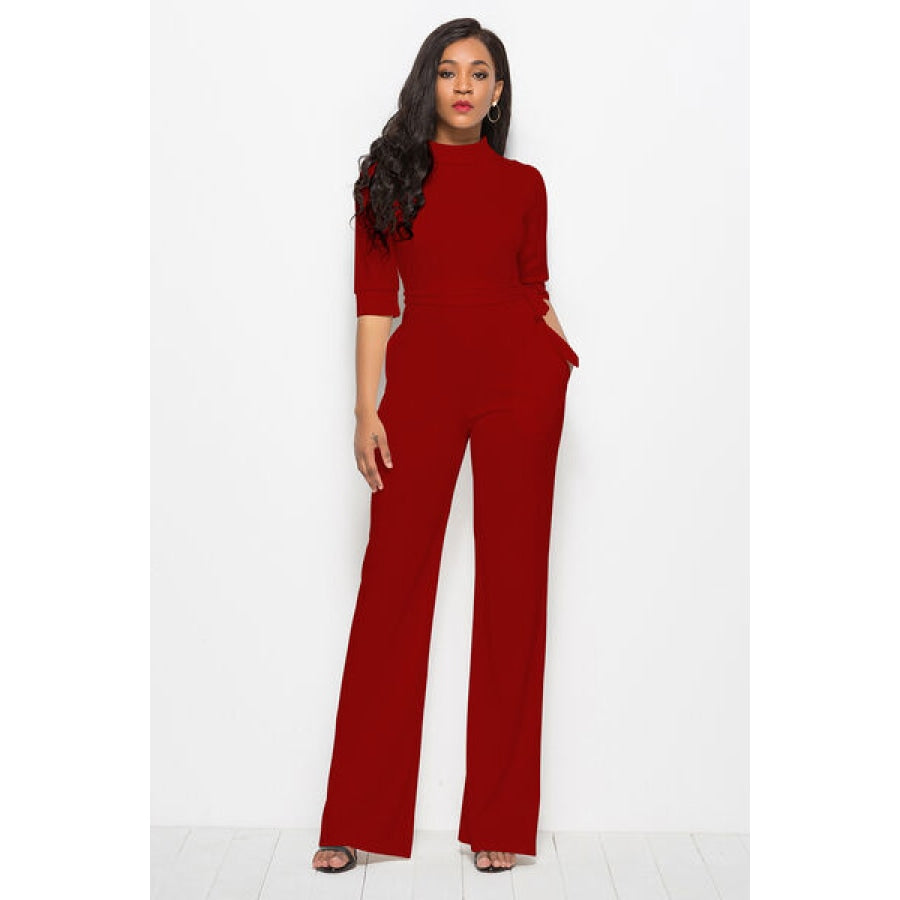 Mock Neck Tie-Waist Half Sleeve Jumpsuit Deep Red / S Clothing