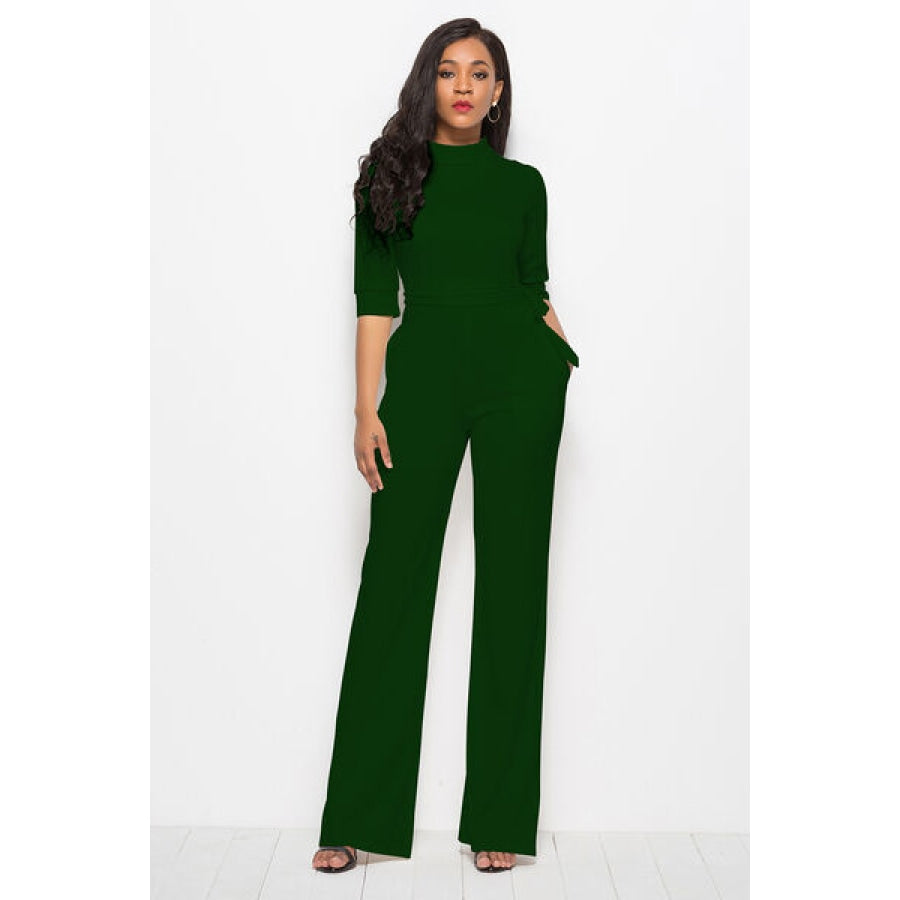 Mock Neck Tie-Waist Half Sleeve Jumpsuit Green / S Clothing