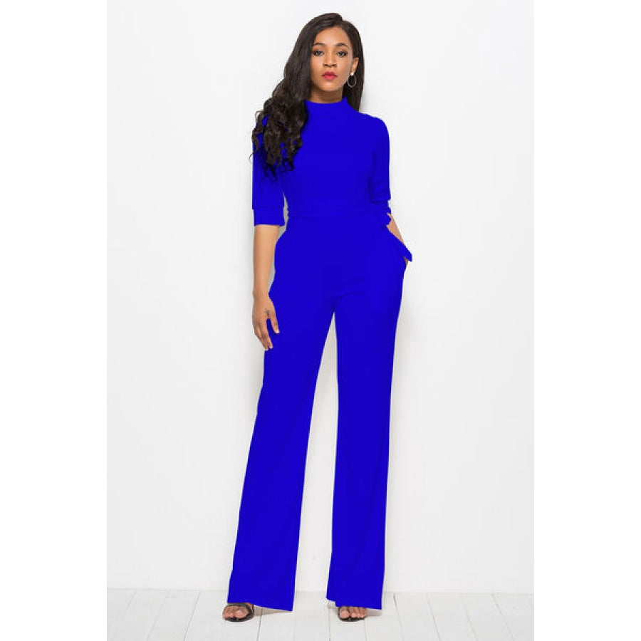 Mock Neck Tie-Waist Half Sleeve Jumpsuit Royal Blue / S Clothing