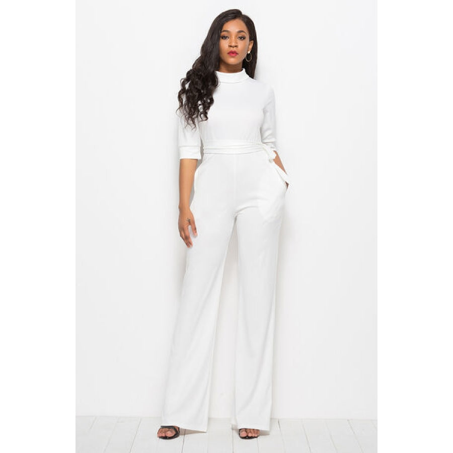 Mock Neck Tie-Waist Half Sleeve Jumpsuit White / S Clothing