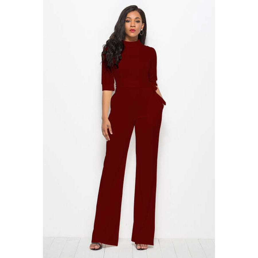 Mock Neck Tie-Waist Half Sleeve Jumpsuit Wine / S Clothing