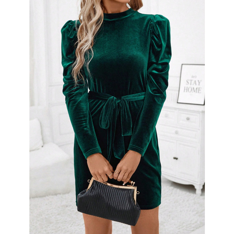 Mock Neck Tie Waist Puff Sleeve Mini Dress Apparel and Accessories