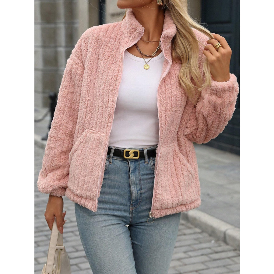 Mock Neck Zip Up Jacket with Pockets Blush Pink / S Apparel and Accessories