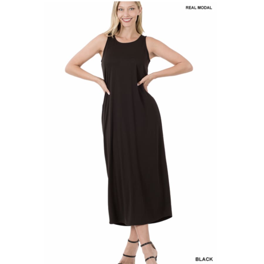 Coming Soon! Modal Sleeveless Round Neck Maxi Dress Black / XL Dresses