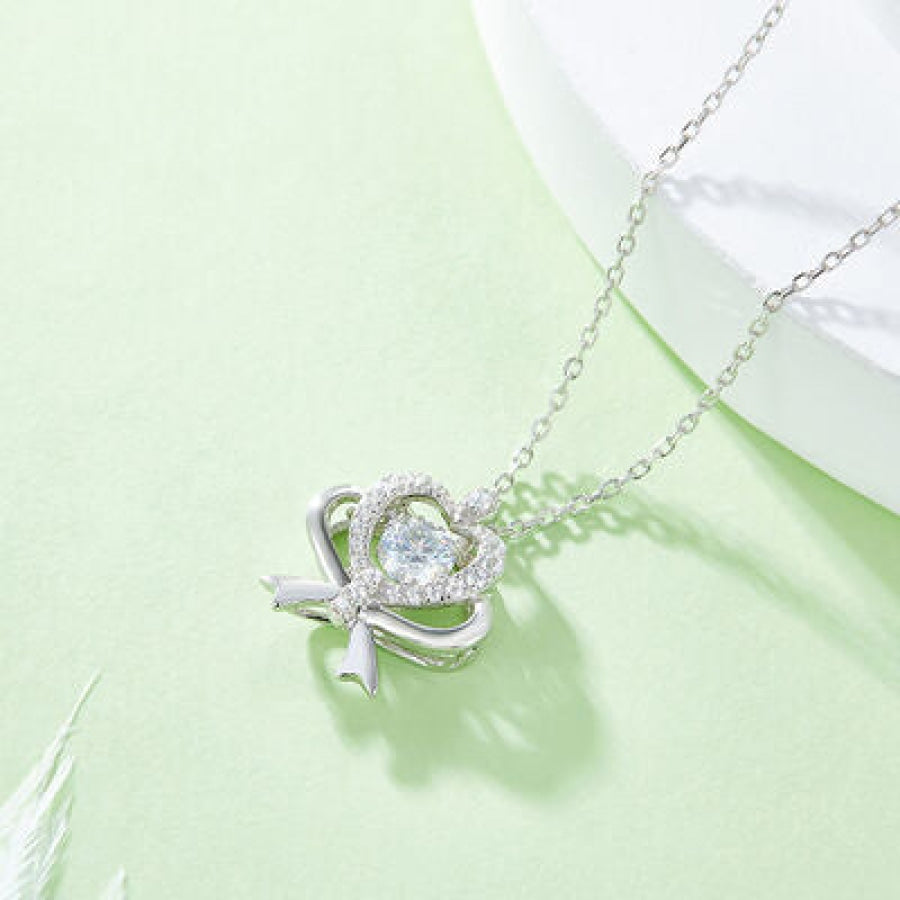 Moissanite 925 Sterling Silver Bow &amp; Heart Necklace Silver / One Size Apparel and Accessories
