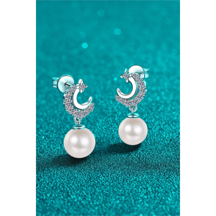 Moissanite Pearl Drop Earrings Silver / One Size
