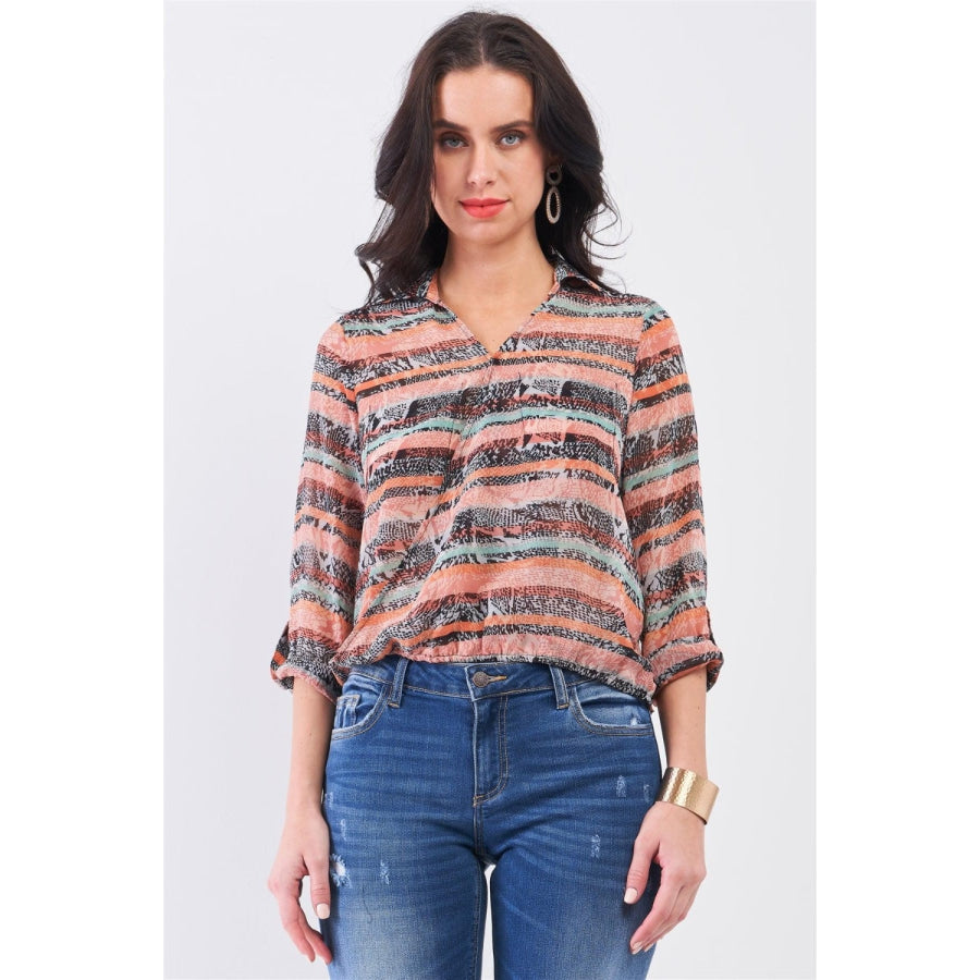 Mono B Cutout Johnny Collar Three-Quarter Sleeve Blouse Animal Print Coral Multi / XS Apparel and Accessories